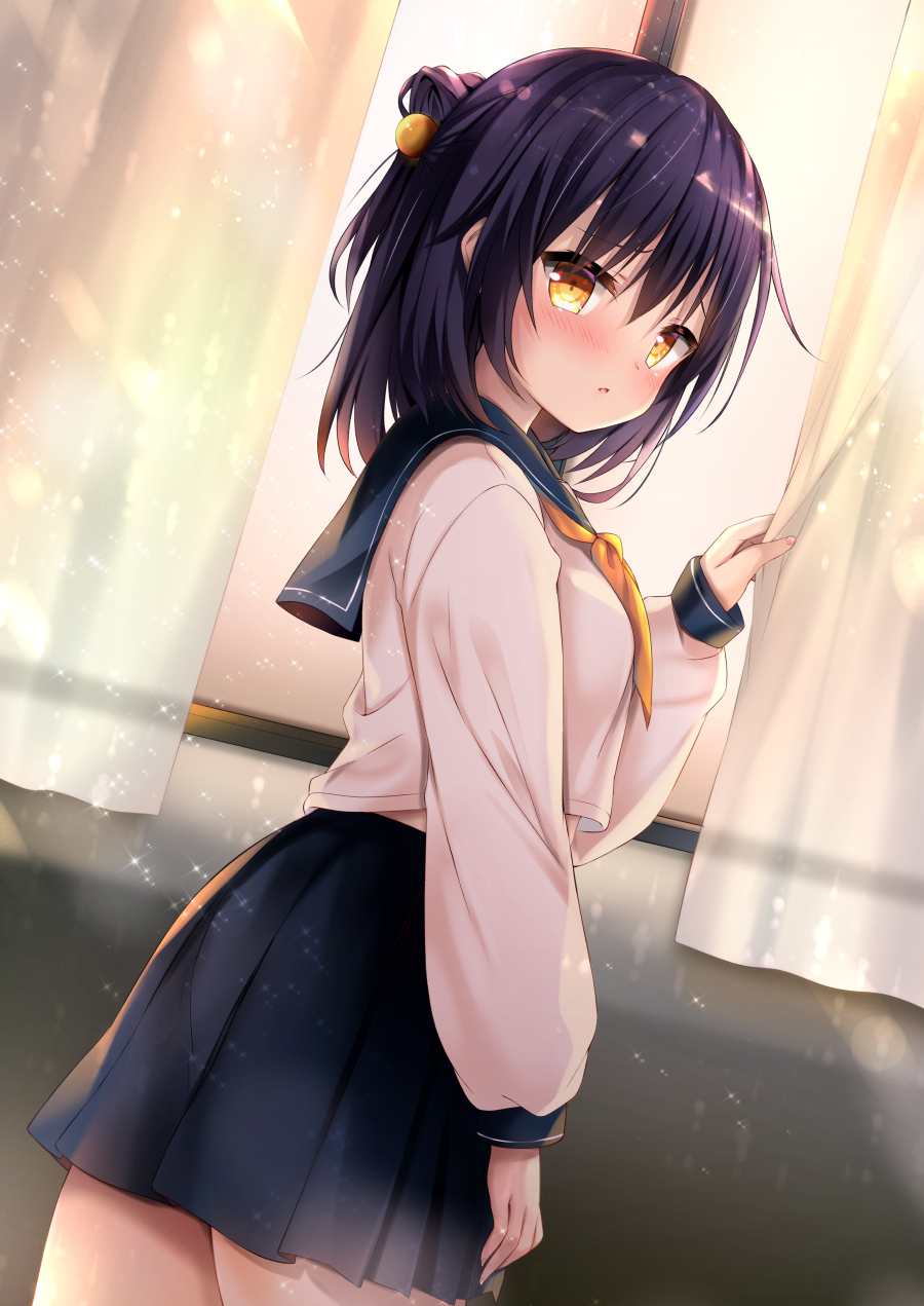 1girl, black_hair, blue_skirt, blush, commentary_request, cowboy_shot, curtains, dutch_angle