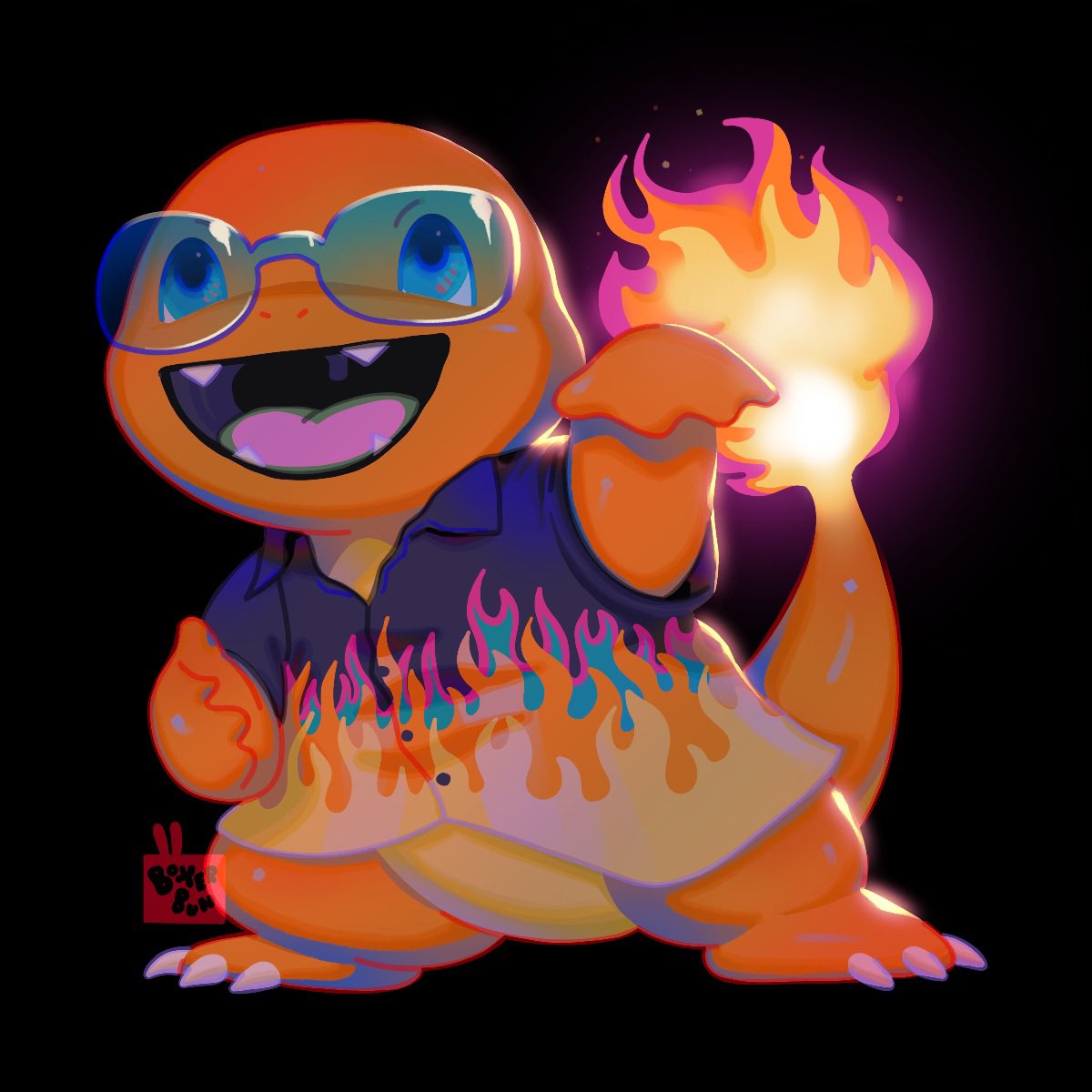 :d, aquiboni, black_background, black_shirt, charmander, collared_shirt, fangs, fire