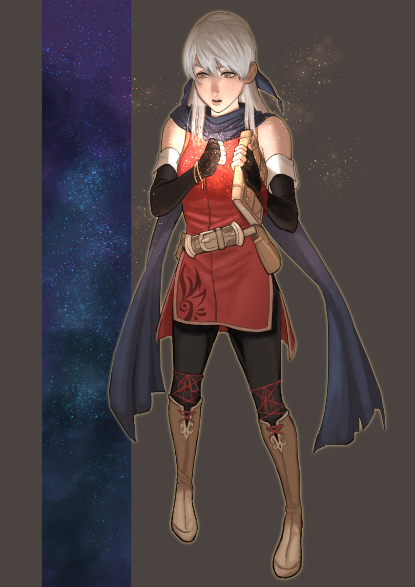 1girl, bangs, bare_shoulders, belt, black_gloves, black_legwear, blue_scarf, boots