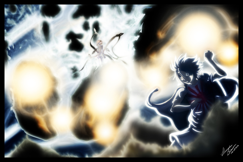 1boy, 1girl, absurdres, action, arm_up, attack, battle, breasts