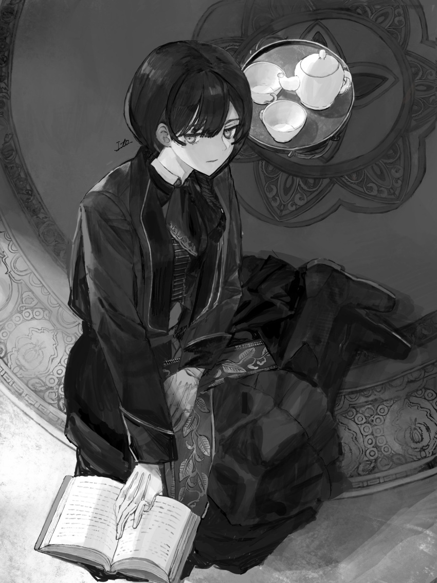1girl, absurdres, alter_ego_(game), bangs, book, boots, braid, braided_ponytail