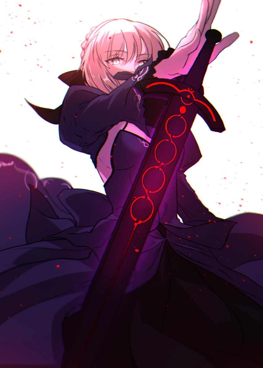 1girl, absurdres, artoria_pendragon_(all), black_footwear, black_skirt, blonde_hair, breasts, cleavage