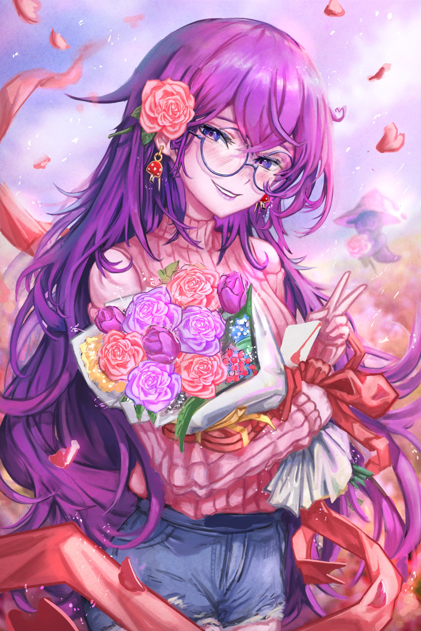 1girl, absurdres, alchemilla_menace, blush, bouquet, cyberlive, english_commentary, flower