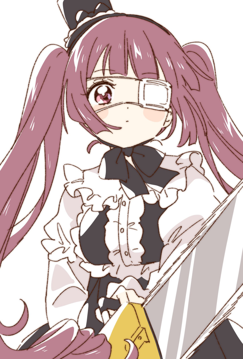 1girl, bangs, black_headwear, blunt_bangs, chainsaw, eyebrows_visible_through_hair, eyepatch, gothic_lolita