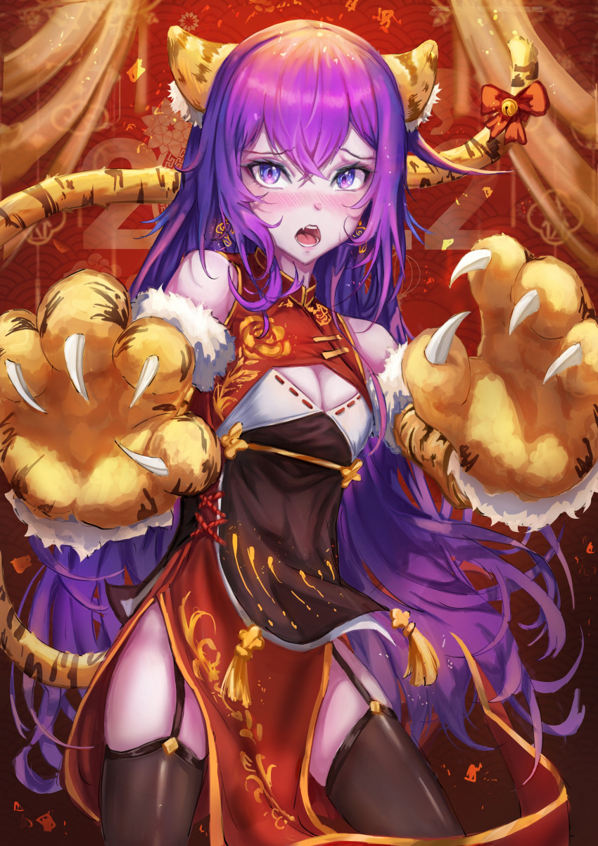 1girl, absurdres, alchemilla_menace, animal_ears, animal_hands, black_legwear, blush, chinese_clothes