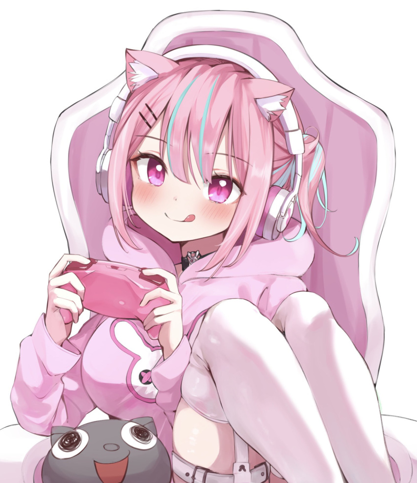 1girl, :q, animal_ear_fluff, animal_ears, blue_hair, blush, breasts, cat_ears
