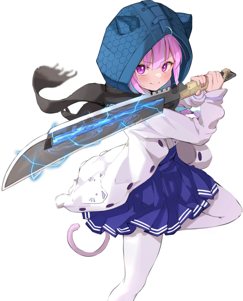 1girl, animal_hood, apex_legends, ash_(titanfall_2), ash_(titanfall_2)_(cosplay), black_scarf, cat_hood, cat_tail, closed_mouth, cosplay, foot_out_of_frame, highres, holding, holding_weapon, hololive, hood, jacket, knee_up, long_sleeves, looking_at_viewer, minato_aqua, open_clothes, open_jacket, pantyhose, pink_eyes, pink_hair, pleated_skirt, satsukl_5, scarf, simple_background, skirt, solo, sword, tail, virtual_youtuber, weapon, white_background, white_jacket, white_legwear