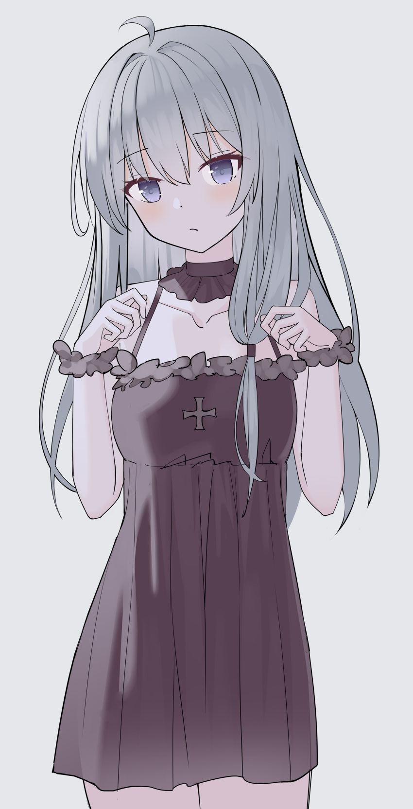 absurdres, ahoge, bad_id, bad_pixiv_id, black_nightgown, breasts, choker, collarbone, cross, elaina_(majo_no_tabitabi), eyebrows_visible_through_hair, frills, highres, long_hair, majo_no_tabitabi, nagisa_(cxcx5235), nightgown, skinny, small_breasts, spaghetti_strap, thighs, violet_eyes, white_background, white_hair, wristband