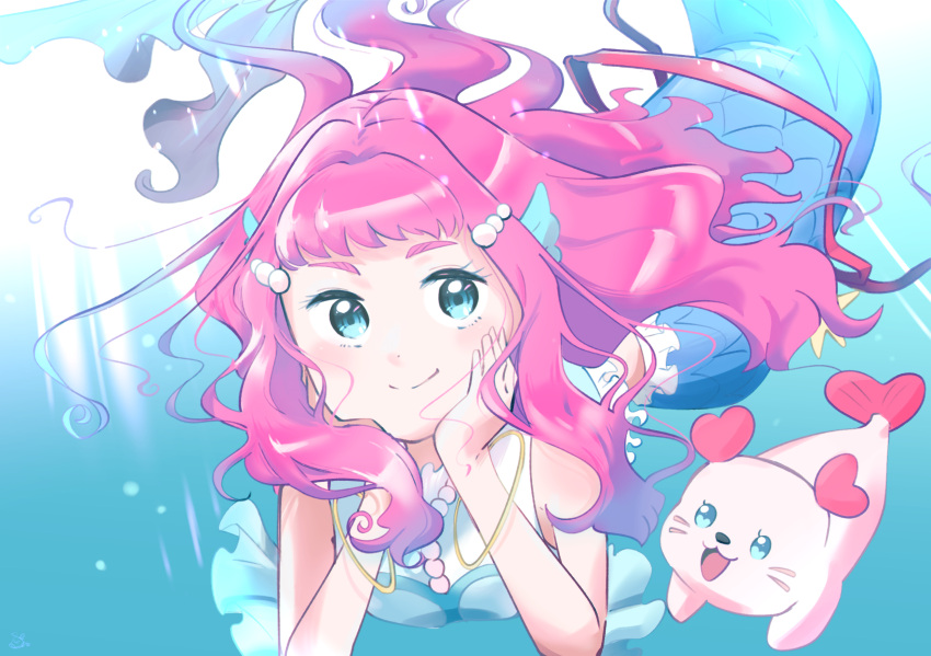 1girl, bangs, blue_eyes, closed_mouth, commentary_request, hair_ornament, head_fins, highres, jewelry, kururun_(precure), laura_la_mer, long_hair, looking_at_viewer, mermaid, midriff, monster_girl, pink_hair, precure, sawch_cls, smile, tropical-rouge!_precure