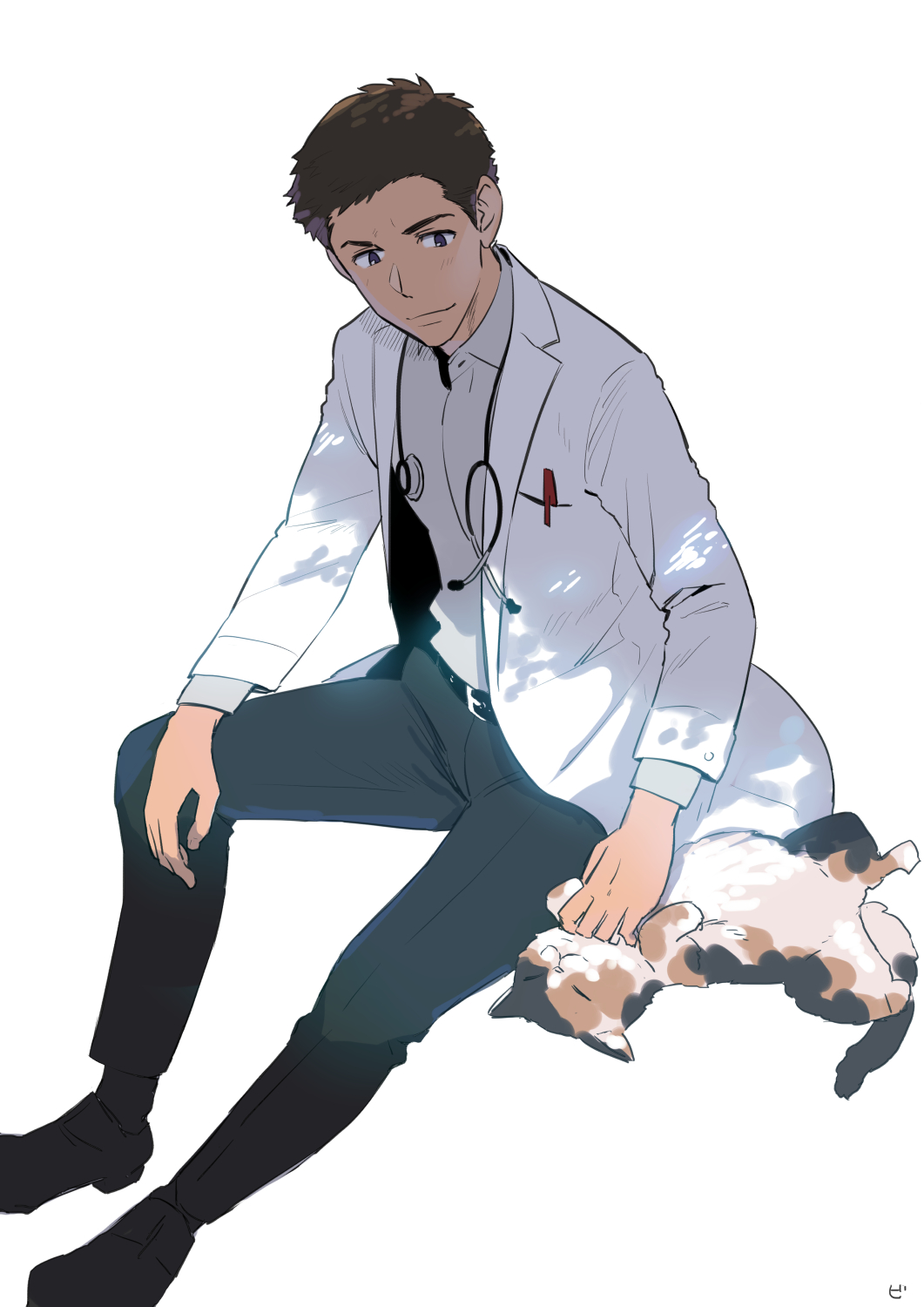 1boy, belt, bigur, black_belt, black_footwear, black_pants, blue_eyes, cat, closed_mouth, coat, commentary_request, doctor, highres, long_sleeves, male_focus, original, pants, shirt, shoes, sitting, smile, veterinarian, white_coat, white_shirt