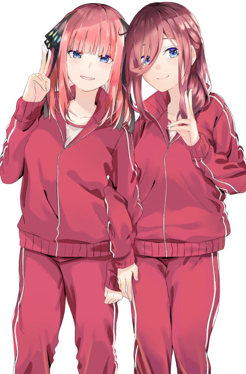 2girls, bangs, black_ribbon, blue_eyes, blunt_bangs, butterfly_hair_ornament, closed_mouth, collarbone