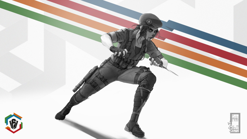 1girl, beret, black_footwear, black_hair, black_headwear, black_skin, bodysuit, boots, caveira_(rainbow_six_siege), colored_skin, english_commentary, facepaint, fighting_stance, fingerless_gloves, gloves, grey_bodysuit, grey_headwear, hair_behind_ear, hat, highres, holding, holding_knife, ifragmentix, knife, leaning_forward, looking_to_the_side, pale_skin, rainbow_six_siege, shadow, smile, solo