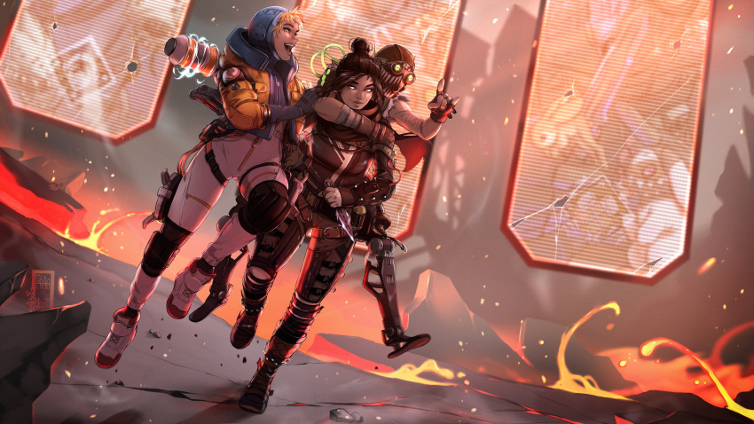 1boy, 2girls, \m/, absurdres, apex_legends, arm_tattoo, ass_visible_through_thighs, bangs