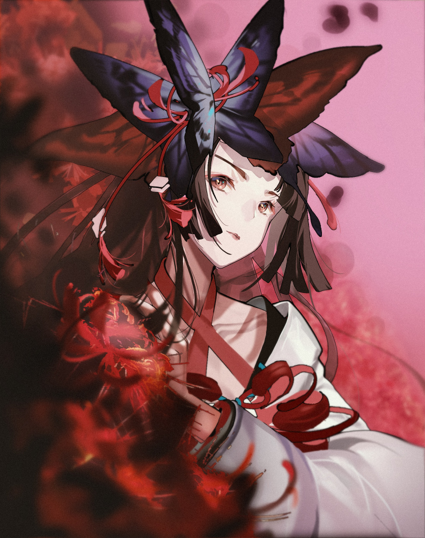 1girl, bangs, black_hair, chuanxianbei, closed_mouth, commentary_request, flower, hair_flower