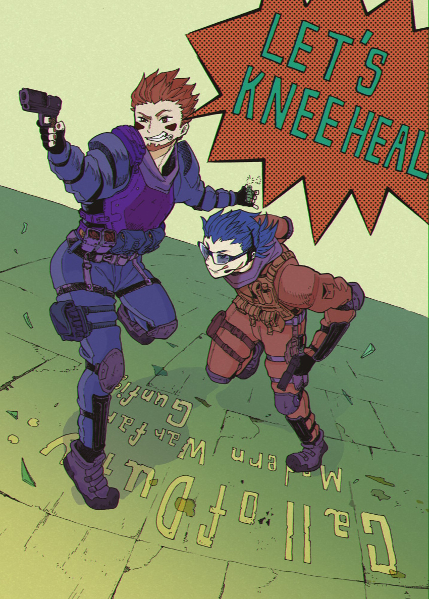 2boys, 2bro., anija_(2bro.), beard, black_gloves, blue_hair, blue_pants, call_of_duty