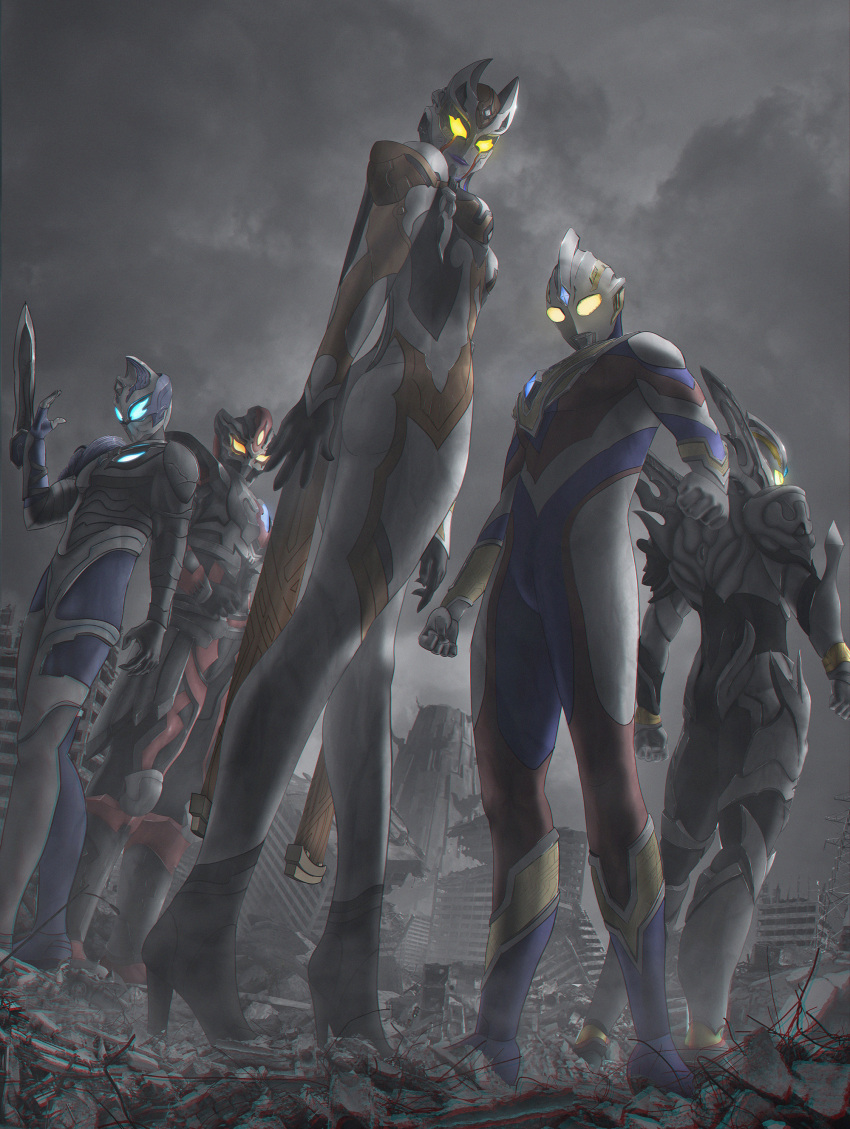 1girl, 4boys, absurdres, alien, arm_blade, blue_eyes, boshi_(13922461099), carmeara