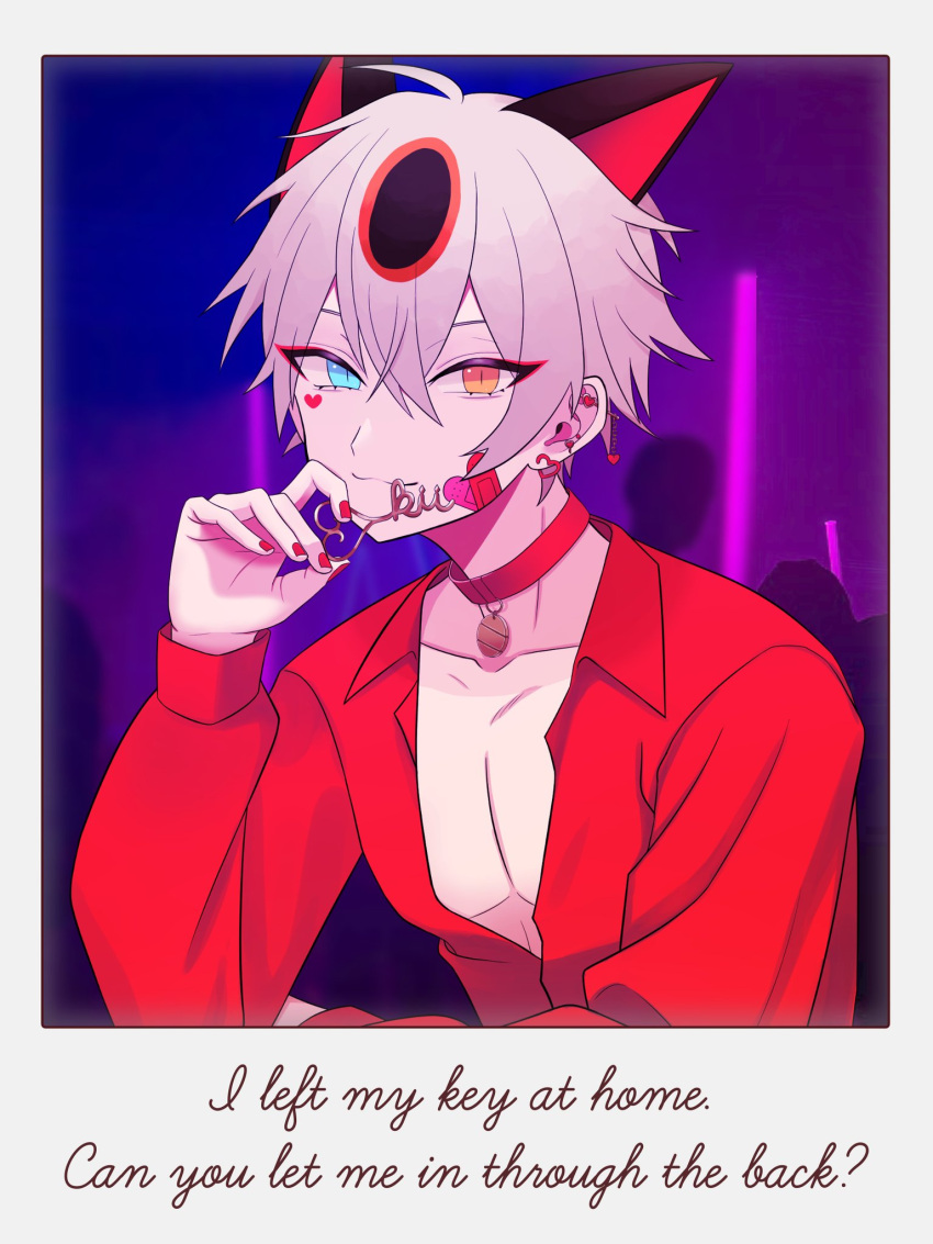 1boy, animal_ears, bell, blue_eyes, cat_boy, cat_ears, fake_animal_ears, go_home_club, happy_valentine, heterochromia, highres, long_sleeves, looking_at_viewer, manekii_(vtuber), manekii_niku, neck_bell, pale_skin, pink_hair, valentine, virtual_youtuber, yellow_eyes