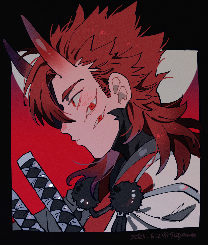 1boy, armor, bangs, closed_mouth, extra_eyes, fate/grand_order, fate_(series), hair_over_one_eye, horns, japanese_armor, japanese_clothes, koha-ace, long_hair, male_focus, moime, monster, monster_boy, mori_nagayoshi_(fate), oni, oni_horns, red_eyes, redhead, solo, spiky_hair, yellow_eyes