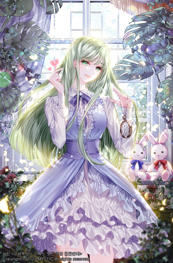 1girl, bangs, blue_dress, breasts, cover, cover_page, dress, flower