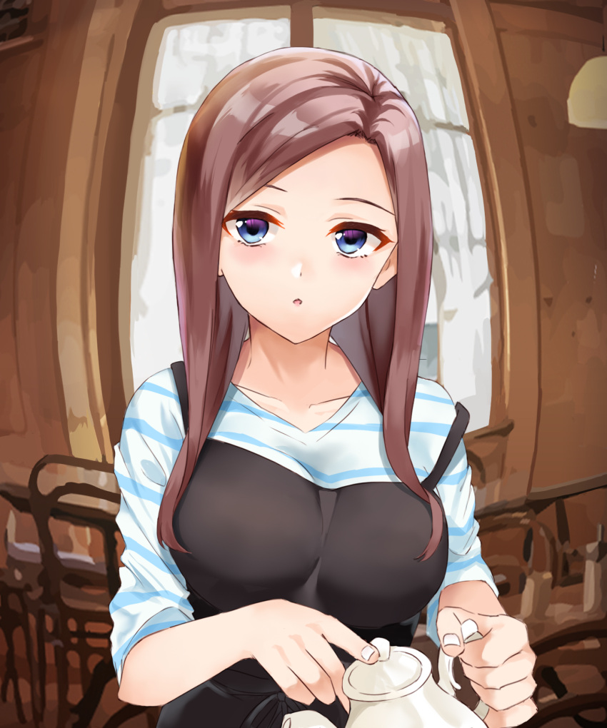 1girl, apron, blue_eyes, brown_hair, chair, go-toubun_no_hanayome, highres, holding, lemon_t, long_hair, looking_at_viewer, nakano_miku, older, open_mouth, solo, teapot
