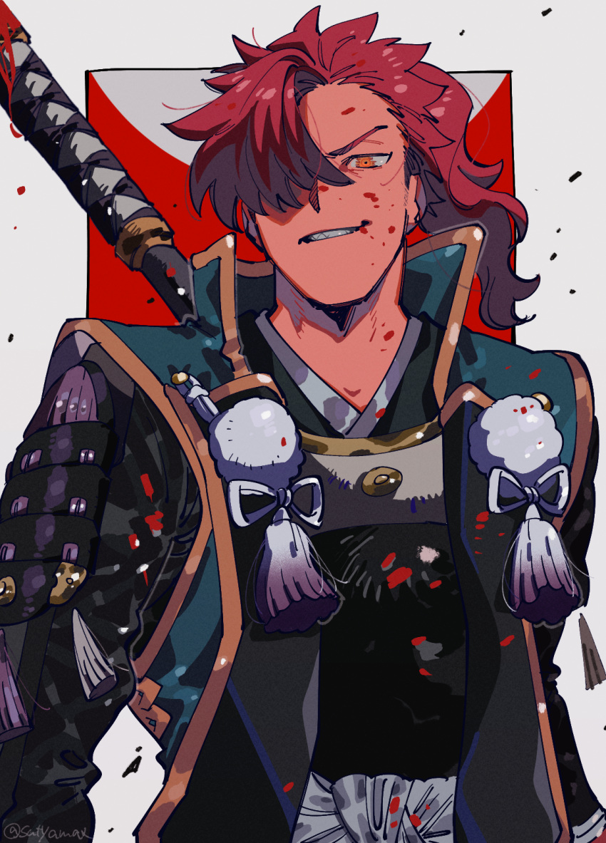 1boy, armor, bangs, blood, fate/grand_order, fate_(series), hair_over_one_eye, highres, holding, holding_weapon, japanese_armor, japanese_clothes, jinbaori, koha-ace, long_hair, long_sleeves, male_focus, moime, mori_nagayoshi_(fate), polearm, ponytail, redhead, sharp_teeth, smile, solo, spear, spiky_hair, teeth, upper_body, weapon, yellow_eyes