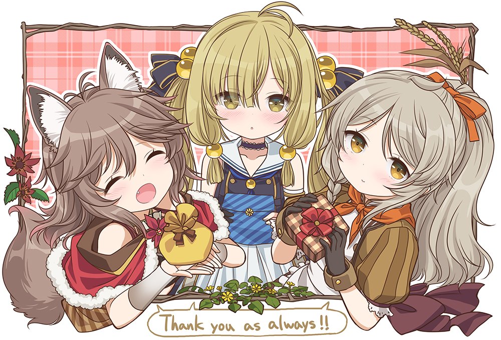 3girls, :o, animal_ear_fluff, animal_ears, antenna_hair, bag, black_gloves, blonde_hair, blush, box, brown_hair, capelet, closed_eyes, commentary_request, english_text, eyebrows_visible_through_hair, fang, flower, flower_knight_girl, fox_ears, fox_tail, fur-trimmed_capelet, fur_trim, gift, gift_bag, gift_box, gloves, grey_hair, hair_bobbles, hair_ornament, hair_ribbon, kei_kei, komugi_(flower_knight_girl), koonitabirako_(flower_knight_girl), kurobanarouge_(flower_knight_girl), long_hair, looking_at_viewer, multiple_girls, orange_ribbon, ponytail, ribbon, tail, twintails, valentine, yellow_eyes