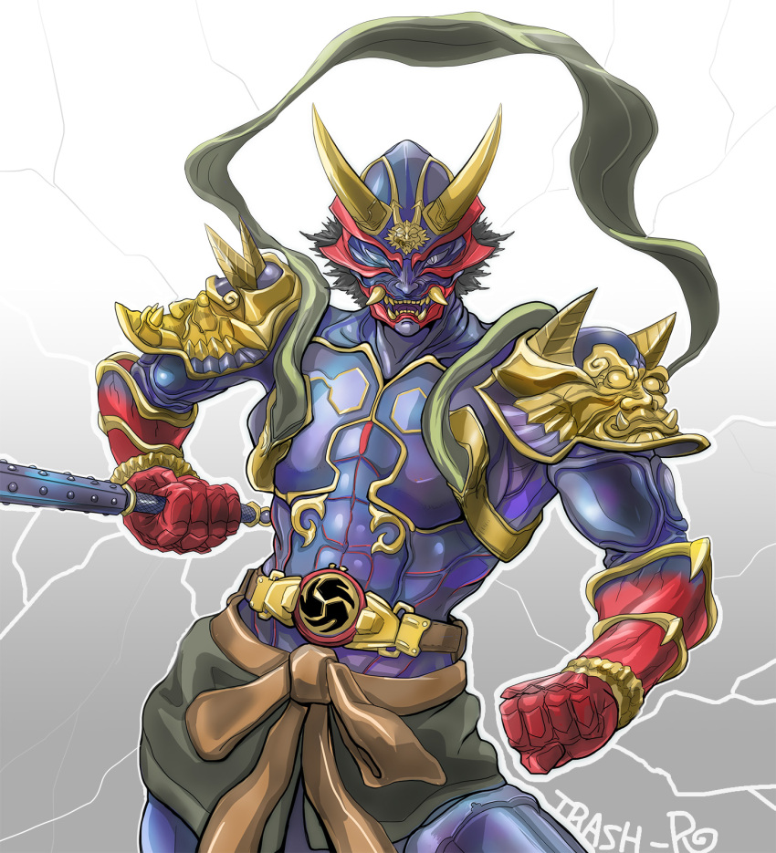 another_hibiki_(zi-o), another_rider_(zi-o), armor, bachi, black_hair, club_(weapon), creature, demon, demon_horns, dual_wielding, evil, fangs, gloves, gold_horns, highres, holding, horns, huujyu, japanese_clothes, kamen_rider, kamen_rider_zi-o_(series), lightning, looking_at_viewer, messy_hair, monster, no_eyes, oni, oni_horns, open_mouth, plectrum, purple_armor, red_gloves, sharp_teeth, shoulder_armor, spiked_club, teeth, weapon