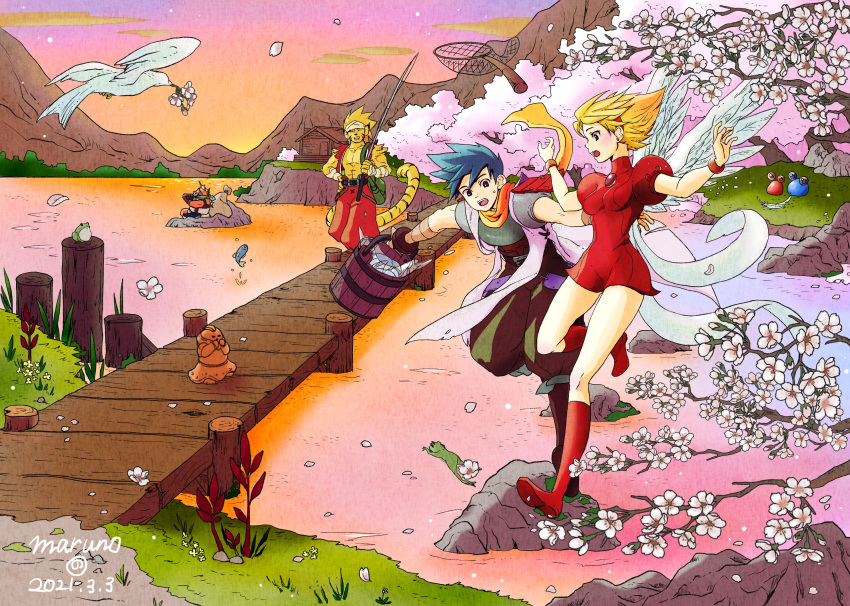 1girl, 2boys, animal_ears, bird, blonde_hair, blue_hair, breasts, breath_of_fire