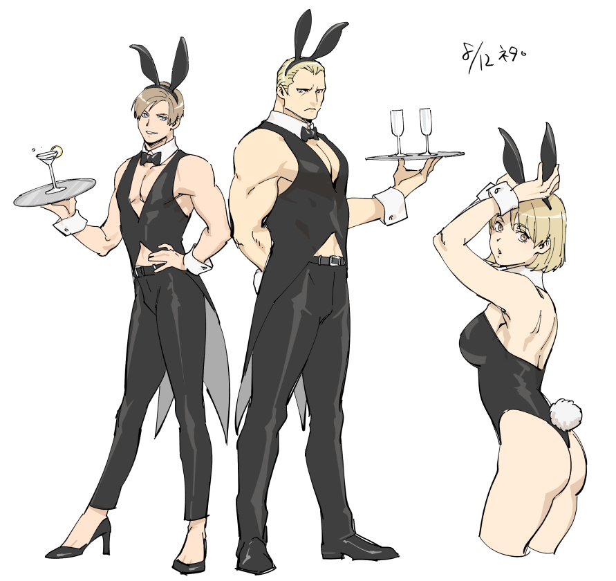 1girl, 2boys, animal_ears, ashley_graham, ass, black_leotard, blonde_hair, bow, bowtie, breasts, closed_mouth, fake_animal_ears, fake_tail, high_heels, jack_krauser, leon_s._kennedy, leotard, looking_at_viewer, multiple_boys, open_mouth, playboy_bunny, psmhbpiuczn, resident_evil, resident_evil_4, short_hair, simple_background, smile, strapless, strapless_leotard, tail, white_background, wrist_cuffs