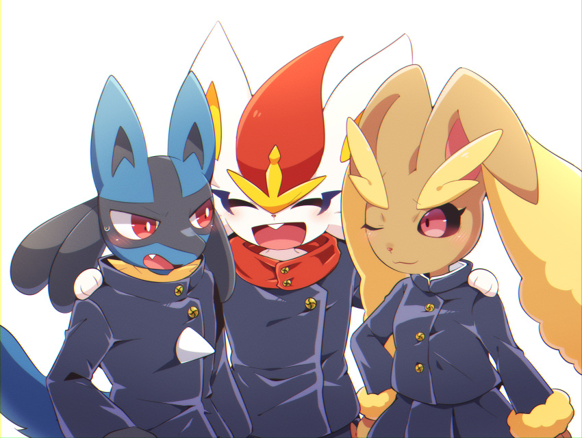 1girl, 2boys, :3, ^_^, animal_ears, animal_hands, animal_nose, arm_around_shoulder, arms_up, black_fur, black_jacket, black_sclera, black_skirt, blue_fur, blush, body_fur, brown_fur, buck_teeth, buttons, chromatic_aberration, closed_eyes, closed_mouth, clothed_pokemon, colored_sclera, commentary_request, cosplay, fang, furry, furry_female, furry_male, fushiguro_megumi, fushiguro_megumi_(cosplay), hand_on_hip, happy, highres, itadori_yuuji, itadori_yuuji_(cosplay), jacket, jujutsu_kaisen, kugisaki_nobara, kugisaki_nobara_(cosplay), long_sleeves, looking_at_another, looking_to_the_side, lopunny, lucario, multiple_boys, one_eye_closed, open_mouth, partial_commentary, pleated_skirt, pokemon, pokemon_(creature), rabbit_boy, rabbit_ears, rabbit_girl, red_eyes, red_shirt, redhead, school_uniform, scorbunny, shirt, short_hair, simple_background, skirt, smile, snout, spikes, standing, subaru331, sweat, tail, teeth, two-tone_fur, upper_body, white_background, white_fur, white_shirt, wolf_boy, wolf_ears, wolf_tail, yellow_fur