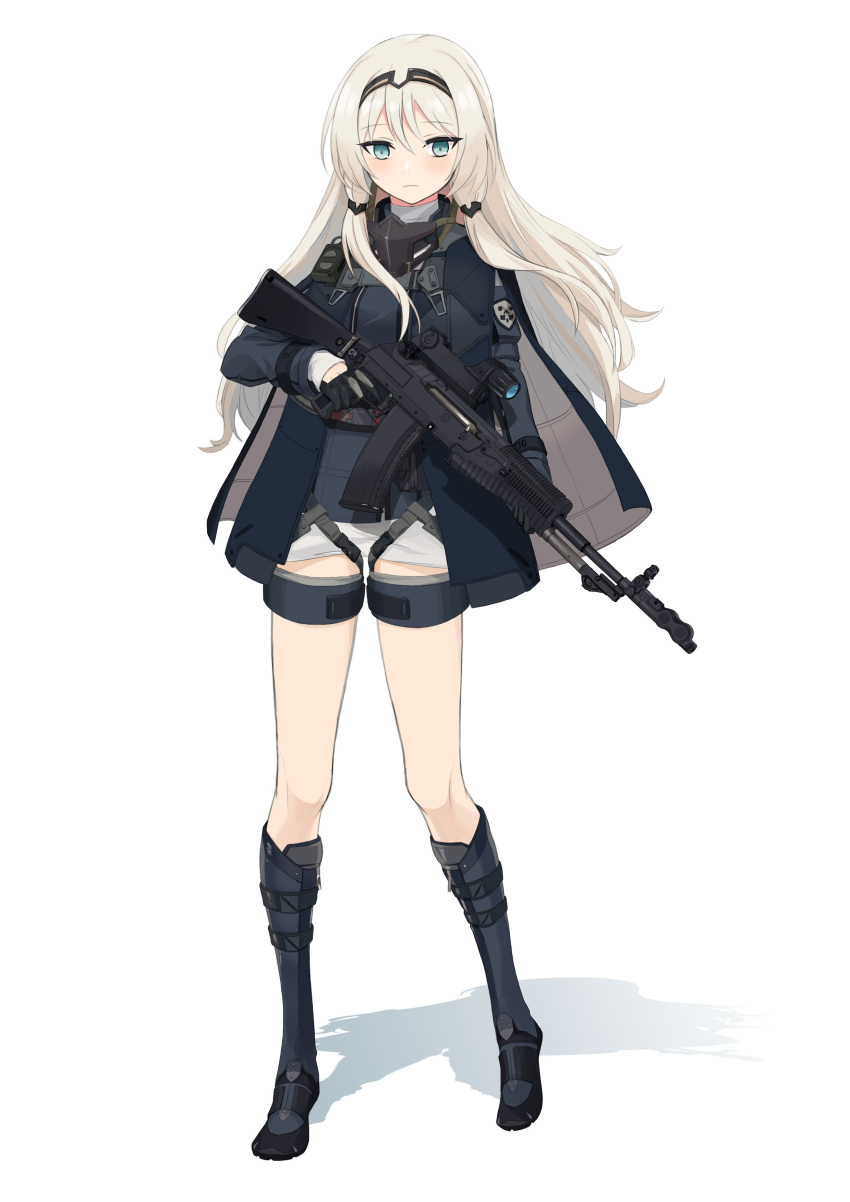 1girl, absurdres, an-94, an-94_(girls'_frontline), assault_rifle, black_footwear, black_gloves, blonde_hair, boots, dlarudgml21, full_body, girls_frontline, gloves, green_eyes, gun, highres, holding, holding_gun, holding_weapon, kalashnikov_rifle, long_hair, long_sleeves, magazine_(weapon), mask, mask_around_neck, rifle, scope, sidelocks, solo, standing, tactical_clothes, weapon
