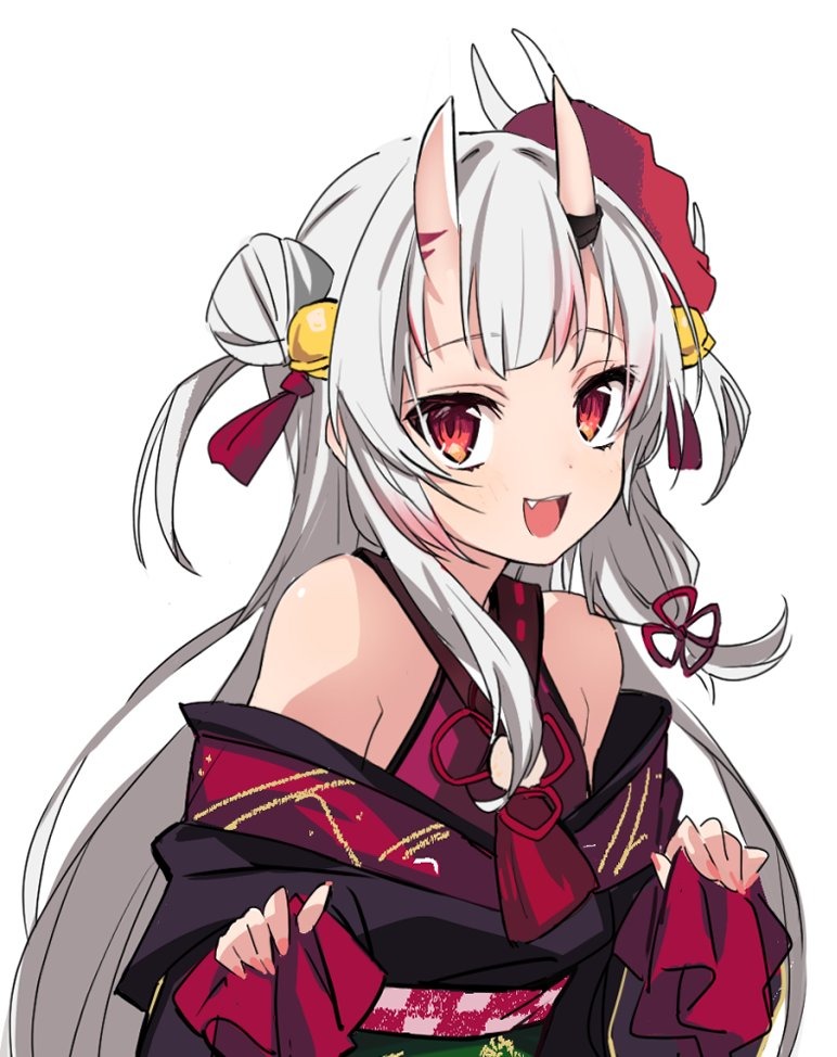1girl, bangs, bell, double_bun, fang, grey_hair, hair_bell, hair_ornament