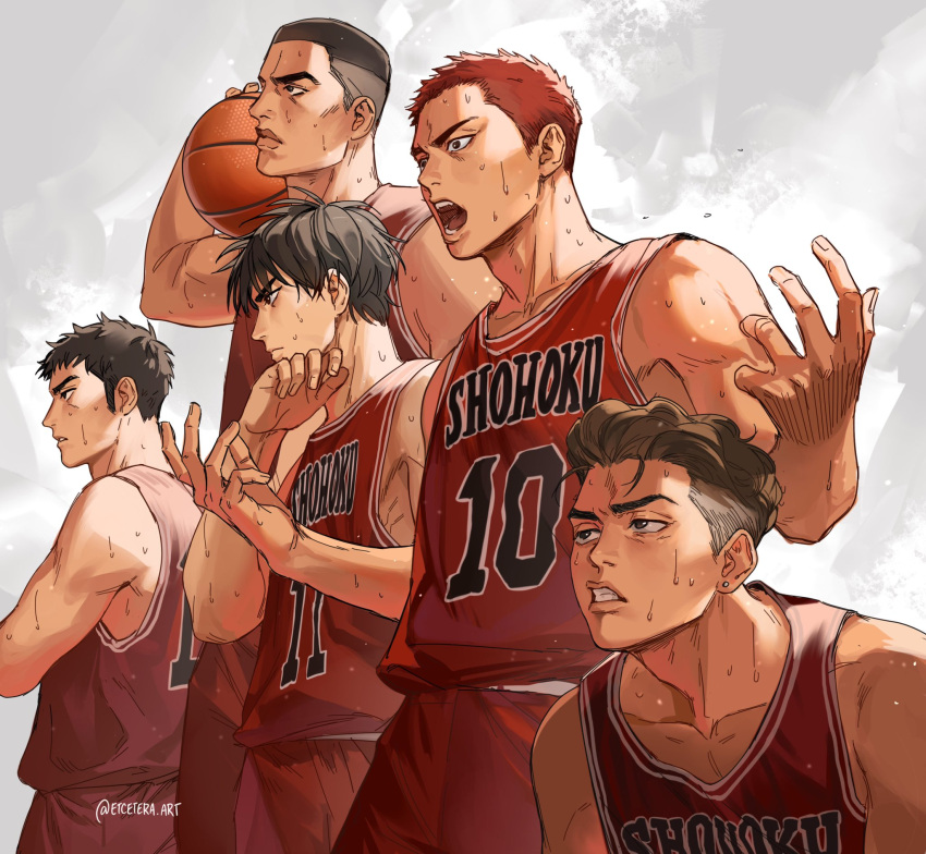 5boys, akagi_takenori, bangs, basketball, basketball_uniform, black_hair, brown_hair, closed_mouth, cowboy_shot, ear_piercing, etceteraart, hands_up, highres, looking_away, male_focus, mitsui_hisashi, miyagi_ryouta, multiple_boys, open_mouth, piercing, profile, red_shirt, red_shorts, redhead, rukawa_kaede, sakuragi_hanamichi, shirt, short_hair, shorts, slam_dunk, sleeveless, sportswear, standing, sweat, twitter_username, white_background