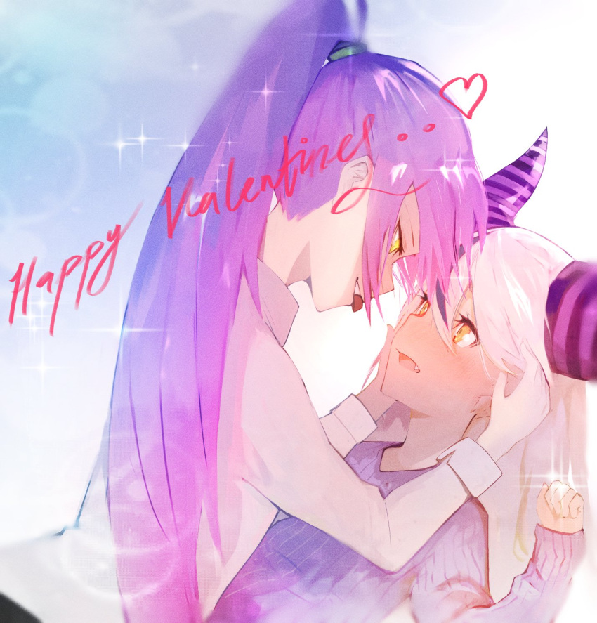 2girls, aki_(kot0maru), alternate_costume, blush, casual, chocolate, commentary, demon_horns