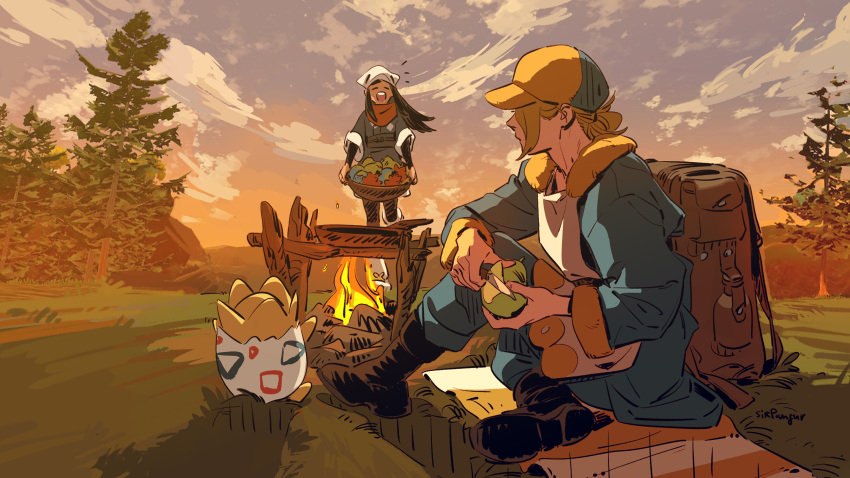 1boy, 1girl, akari_(pokemon), blonde_hair, brown_bag, campfire, clouds, galaxy_expedition_team_survey_corps_uniform