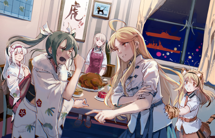 5girls, absurdres, ahoge, alternate_costume, alternate_hairstyle, animal_ears, animal_hands, apron