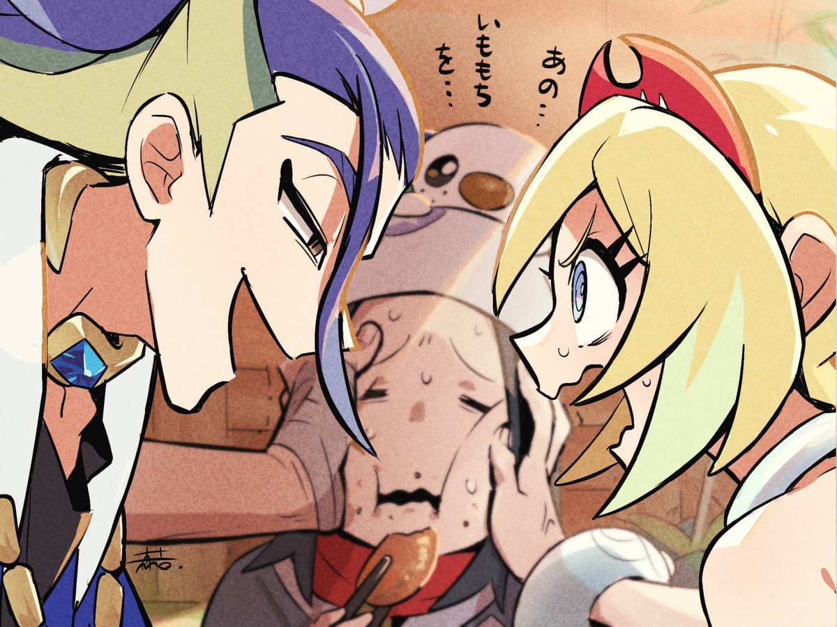 1boy, 2girls, 3737-3737, adaman_(pokemon), akari_(pokemon), blonde_hair, blue_eyes, blue_hair