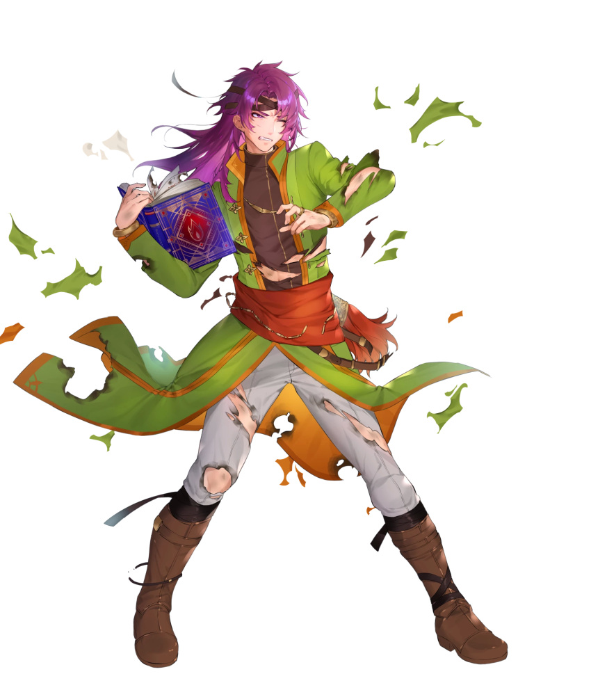 1boy, bangs, black_shirt, book, boots, brown_footwear, clenched_teeth, coat, fire_emblem, fire_emblem:_the_binding_blade, fire_emblem_heroes, full_body, green_coat, hairband, highres, holding, holding_book, hugh_(fire_emblem), ichibi, long_hair, long_sleeves, male_focus, official_art, one_eye_closed, open_clothes, open_coat, pants, purple_hair, red_sash, sash, shirt, solo, standing, teeth, torn_clothes, torn_coat, torn_pants, transparent_background, violet_eyes, white_pants