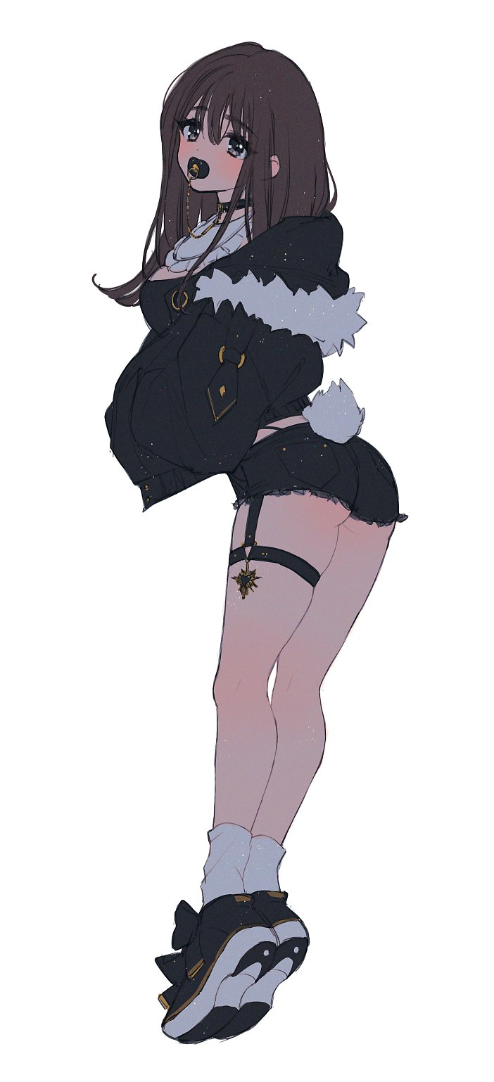 1girl, black_jacket, blush, chain, choker, denim, denim_shorts, full_body