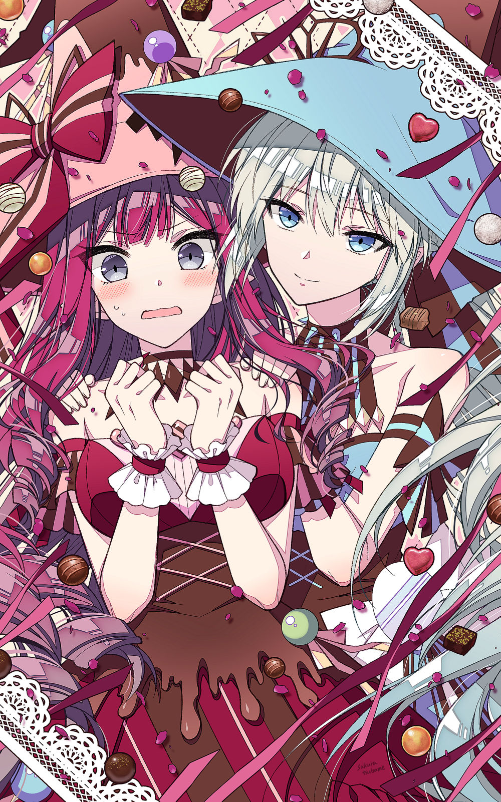 2girls, bangs, bare_shoulders, black_bow, blue_eyes, blush, bow, braid