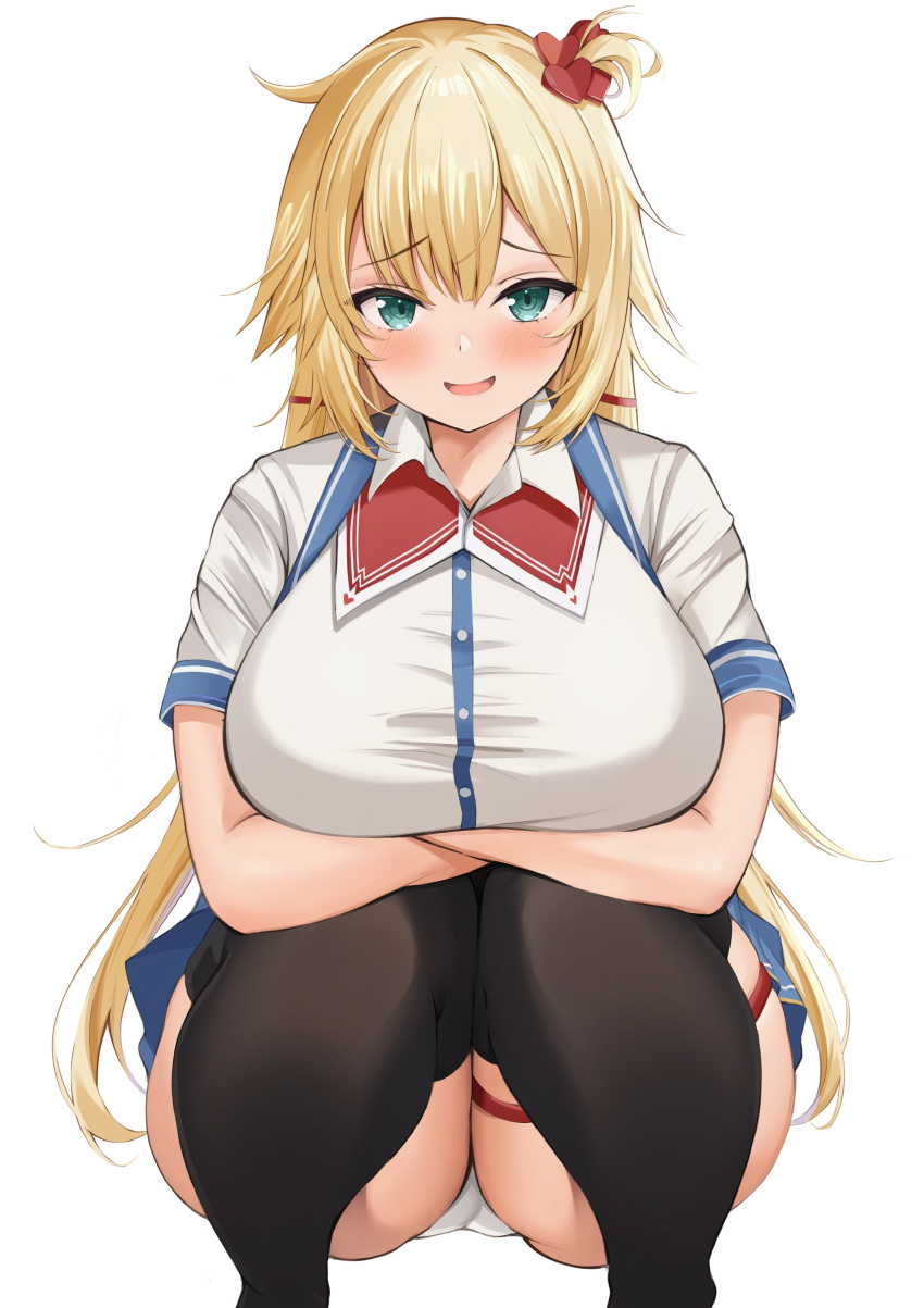 1girl, absurdres, akai_haato, aqua_eyes, bangs, black_legwear, blonde_hair, blush