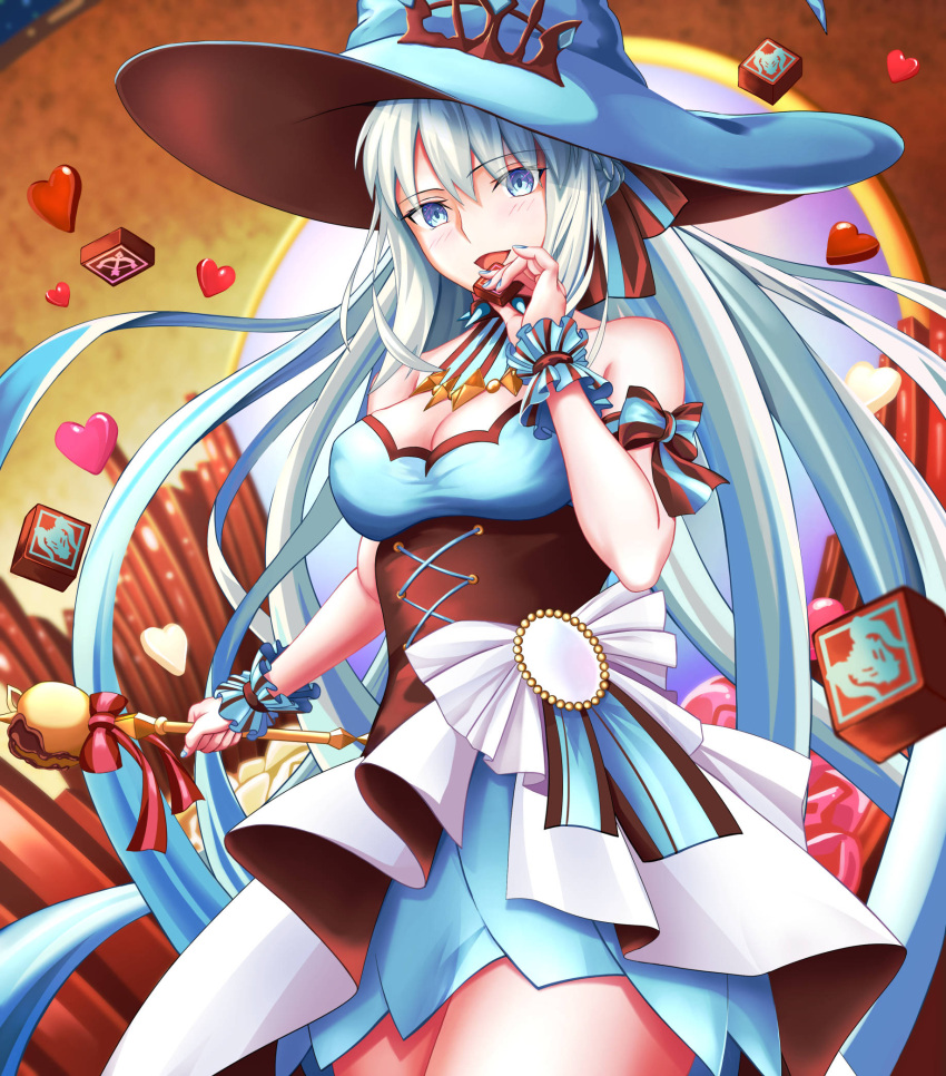 1girl, bangs, bare_thighs, black_bow, blue_dress, blue_eyes, blue_nail_polish, blush