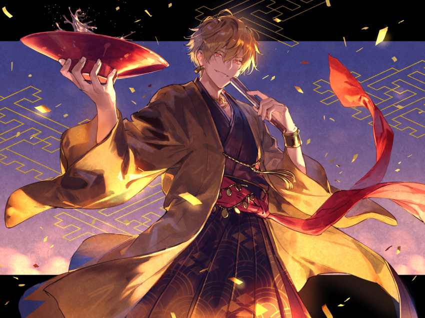 1boy, armlet, bangle, bangs, bikkusama, blonde_hair, bracelet, earrings, fate/grand_order, fate_(series), gilgamesh_(caster)_(fate), gilgamesh_(fate), gilgamesh_(formal_dress)_(fate), highres, japanese_clothes, jewelry, kimono, looking_at_viewer, official_alternate_costume, red_eyes, sky, smile, type-moon