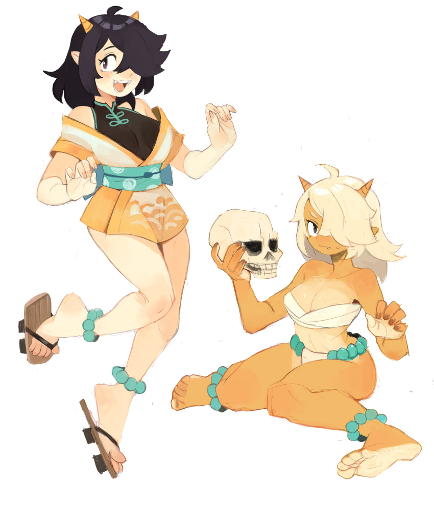 2girls, absurdres, ahoge, bandages, bare_shoulders, barefoot, beads, blush, brown_nails, closed_mouth, collarbone, fang, fang_out, fangs, fingernails, grey_background, hair_over_one_eye, highres, holding, holding_skull, horns, long_hair, medium_hair, multiple_girls, oni, oni-chan_(suizilla), oni_horns, open_mouth, original, pointy_ears, simple_background, sitting, skull, smile, sui_(suizilla), sweat, teeth, tongue, violet_eyes, wariza, yellow_horns