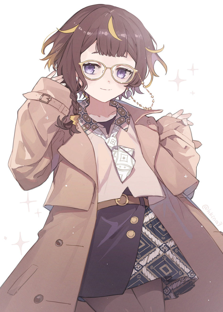 1girl, absurdres, anya_melfissa, belt, braid, brown_hair, cowboy_shot, glasses