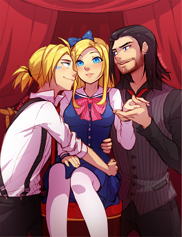 1girl, 2boys, alternate_costume, artist_name, bangs, black_hair, black_pants, black_shirt, blonde_hair, blue_bow, blue_dress, blue_eyes, blush, bow, bowtie, curtains, dress, earrings, ezreal, hair_bow, hetero, holding_hands, jewelry, league_of_legends, long_hair, long_sleeves, lux_(league_of_legends), medium_hair, multiple_boys, pants, pantyhose, parted_lips, pink_bow, pink_bowtie, shiny, shiny_hair, shirt, short_hair, striped, striped_vest, suspenders, sylas, teeth, vest, vmat, white_legwear, white_shirt
