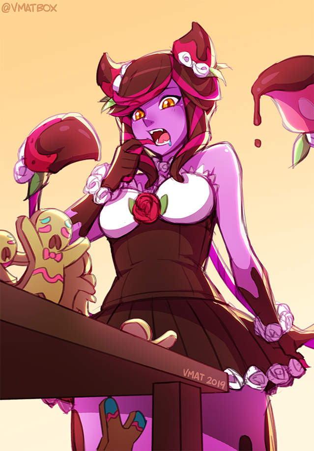 1girl, bangs, breasts, brown_background, brown_hair, brown_skirt, colored_skin, cowboy_shot, evelynn_(league_of_legends), fangs, food, fruit, gradient, gradient_background, league_of_legends, medium_breasts, multicolored_hair, official_alternate_costume, open_mouth, orange_eyes, pink_hair, pink_skin, pleated_skirt, simple_background, skirt, solo, standing, strawberry, sugar_rush_evelynn, teeth, tongue, vmat