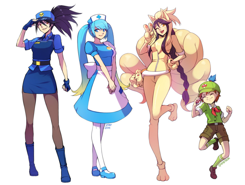 1boy, 3girls, ahri_(league_of_legends), akali, apron, artist_name, bangs, black_hair