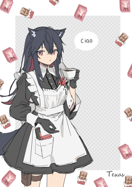 1girl, alternate_costume, animal_ears, apron, arknights, black_dress, black_gloves, black_hair