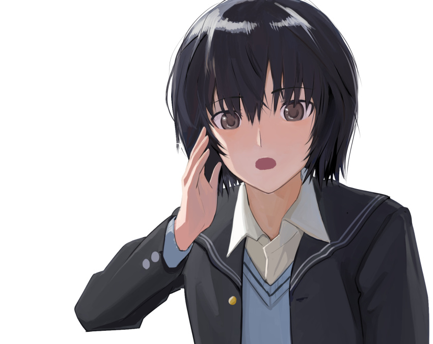 1girl, amagami, bangs, bkhayatej, black_hair, bob_cut, breasts, brown_eyes, commentary_request, eyebrows_visible_through_hair, hand_on_own_face, highres, jacket, kibito_high_school_uniform, long_sleeves, looking_at_viewer, medium_breasts, nanasaki_ai, open_mouth, school_uniform, short_hair, solo